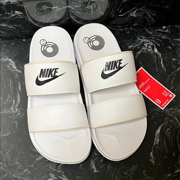 Nike White Slide Sandals with Black Logo - Picture 1 of 4